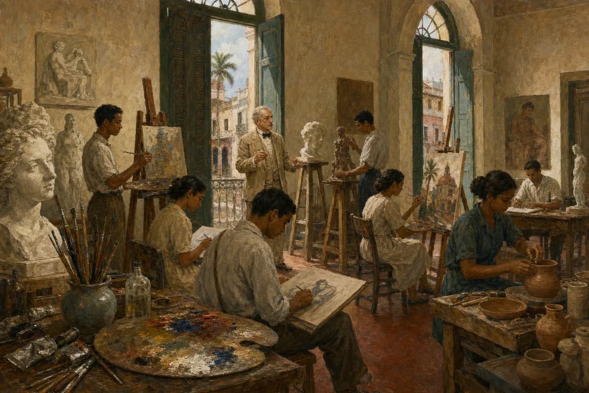 Ilustración editorial de un taller de pintura y escultura de la Escuela Nacional de Bellas Artes en 1942