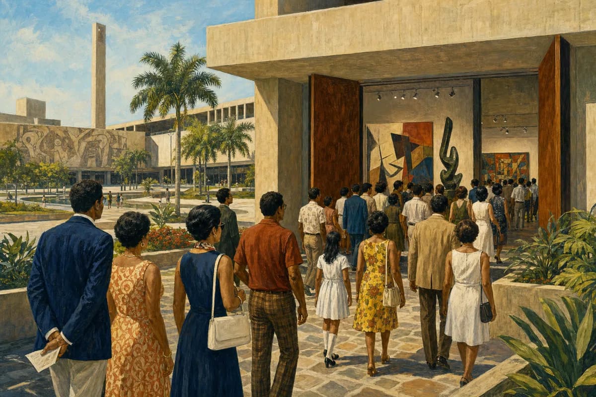 Ilustración editorial de la apertura de una galería de arte moderno en la Plaza de la Cultura en 1976