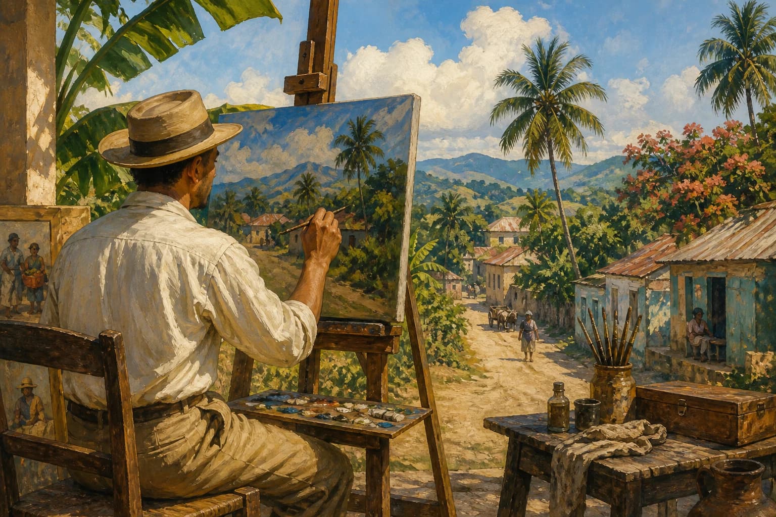 Ilustración editorial de un pintor dominicano trabajando al aire libre sobre un paisaje de Santiago en la década de 1930