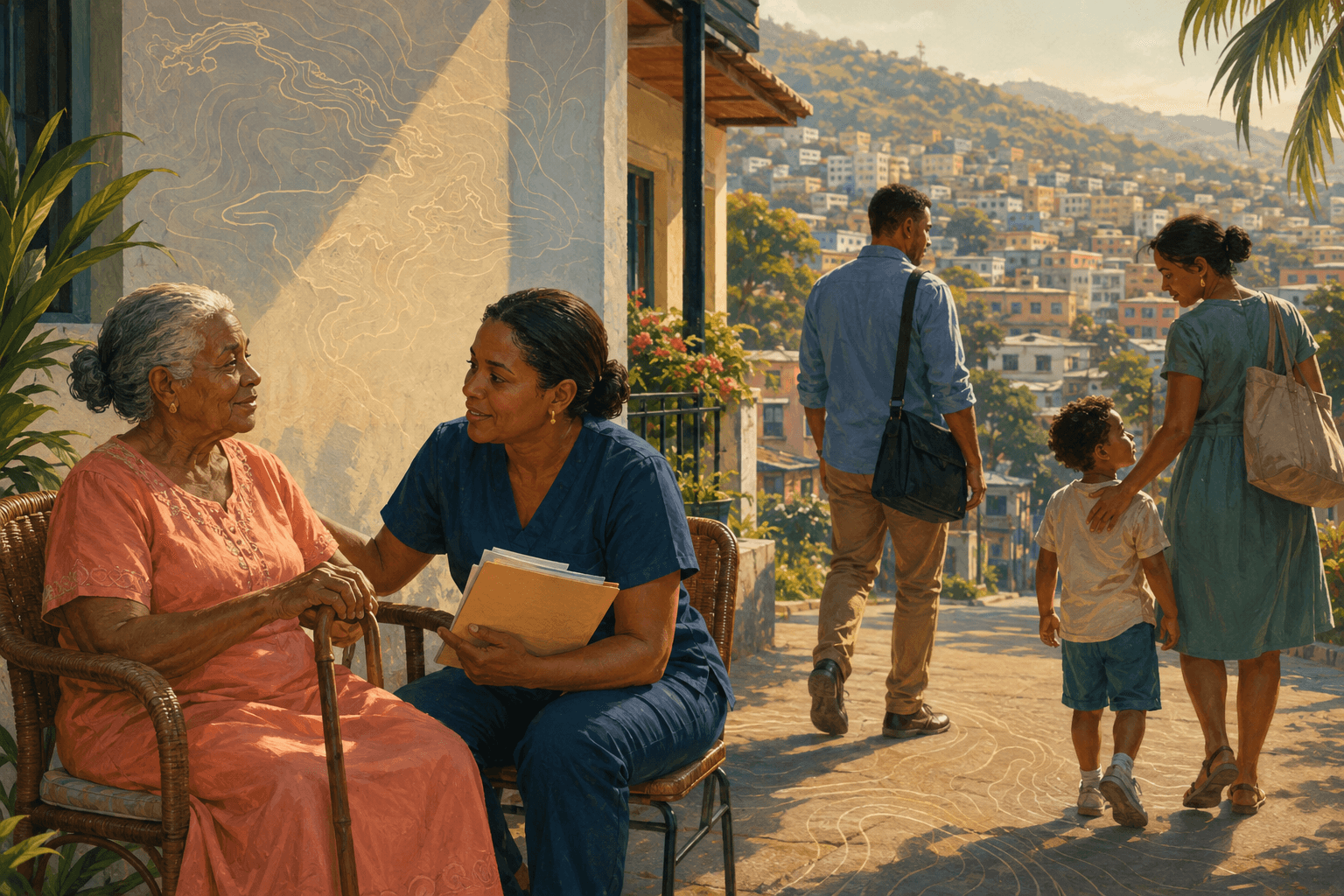 Escena editorial de una comunidad dominicana con una persona mayor, una cuidadora, una persona joven que se dirige al trabajo y un niño