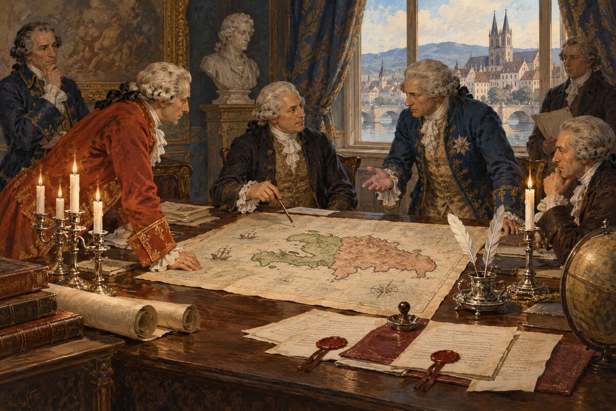 Interpretación editorial de una negociación europea de 1795 con un mapa de La Española sobre la mesa