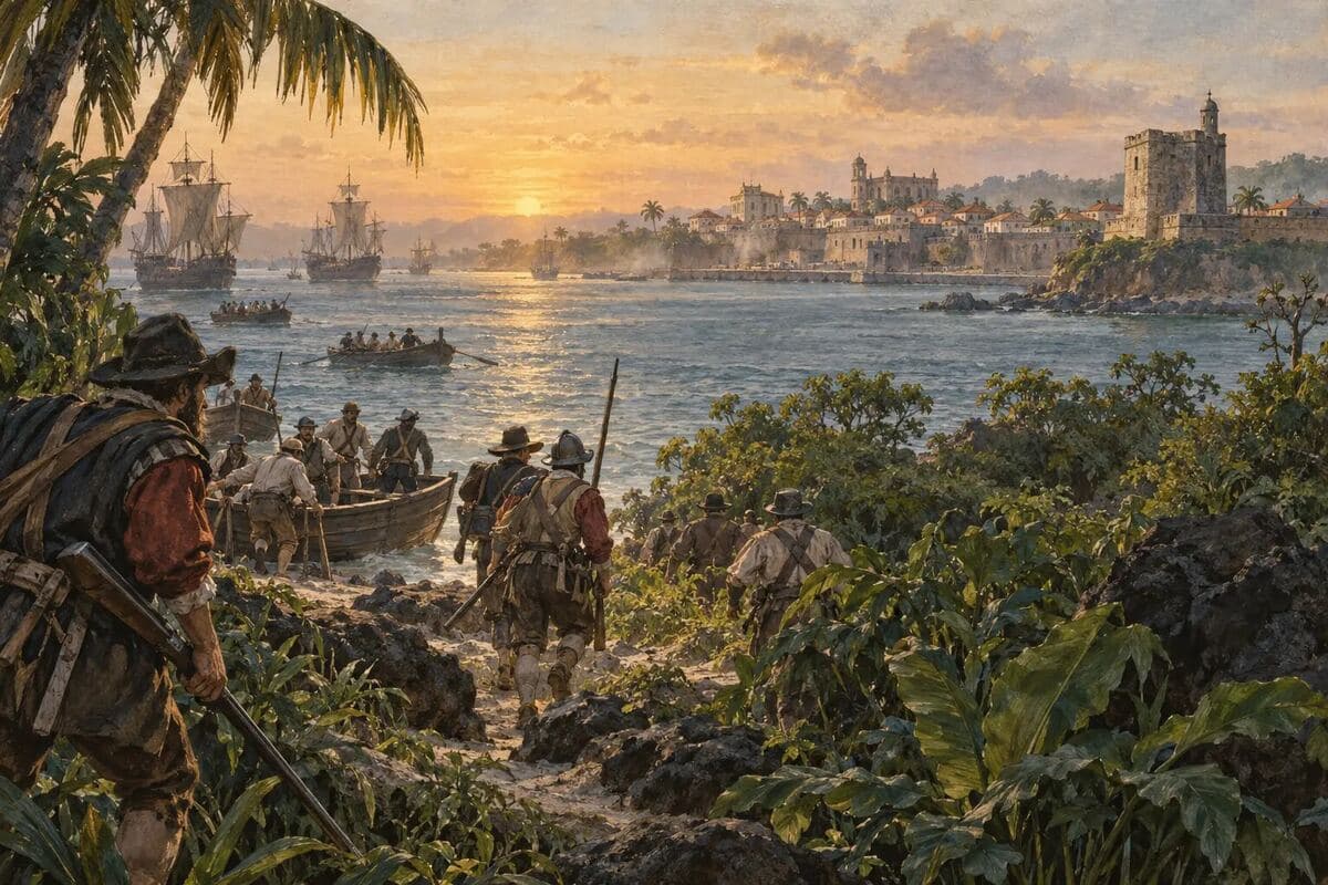 Interpretación editorial del desembarco inglés frente a Santo Domingo en enero de 1586, con la ciudad y la Torre del Homenaje al fondo