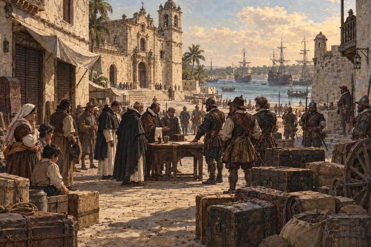 Interpretación editorial de Santo Domingo ocupada en 1586, con una negociación de rescate en el puerto y la ciudad en tensión