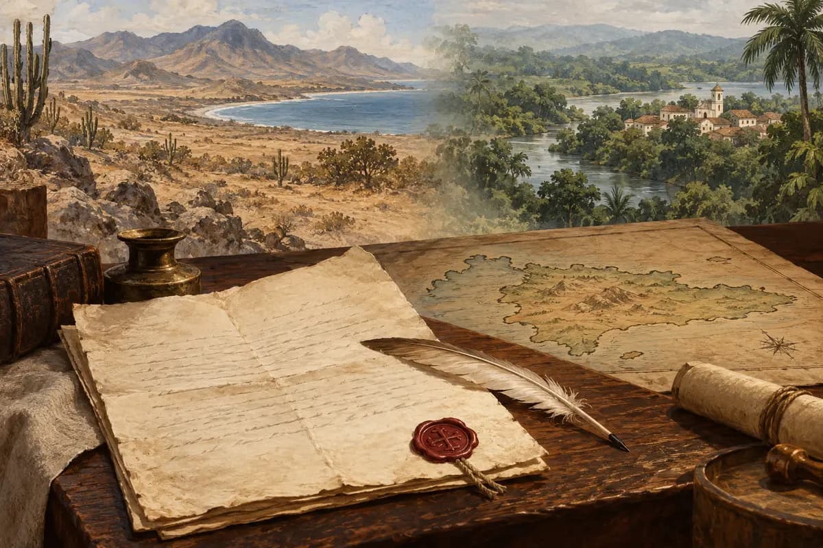 Ilustración editorial de una carta colonial y un mapa que evocan el debate entre Azua y Boyá