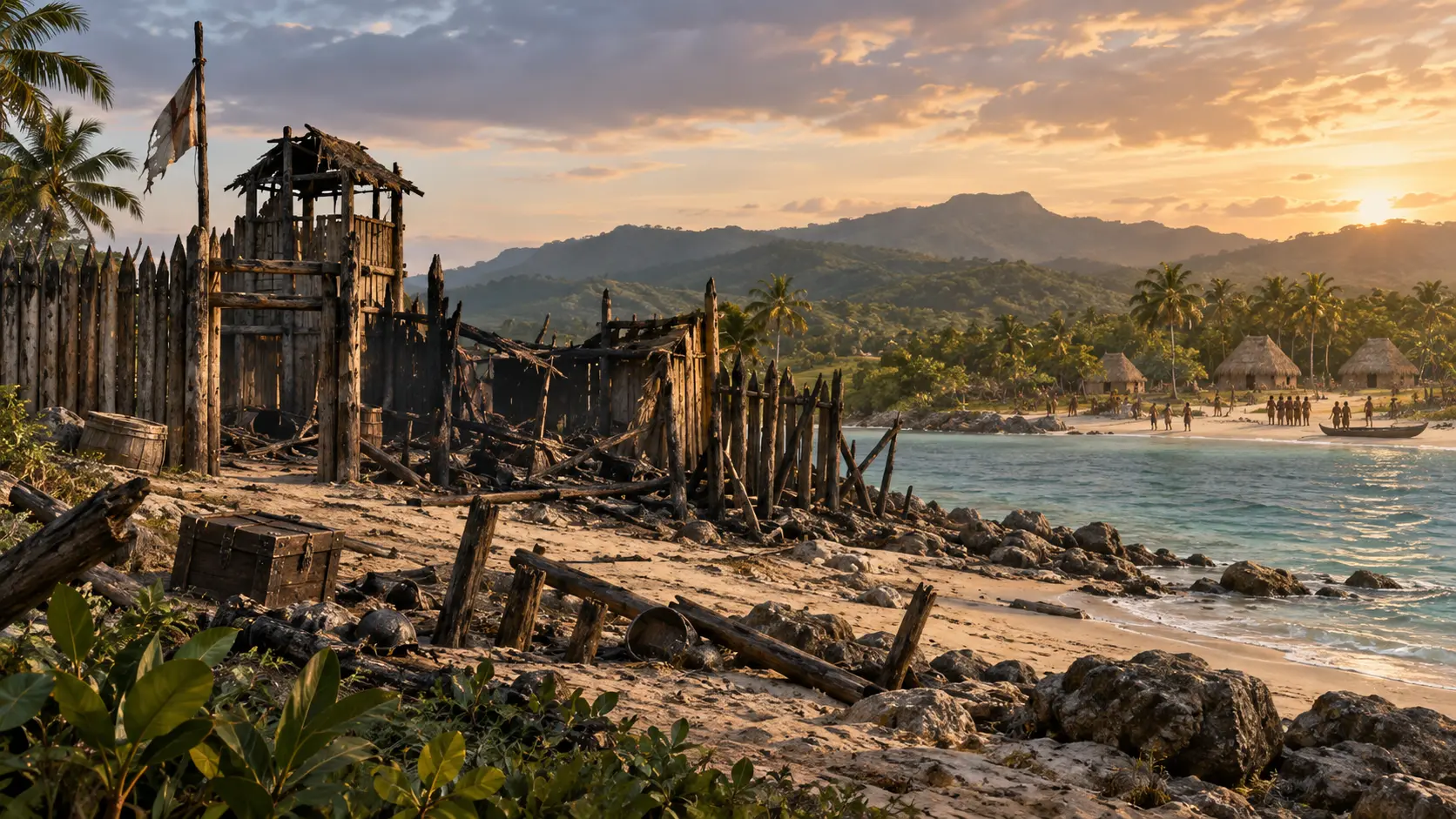 Ilustración editorial interpretativa del Fuerte de La Navidad junto a la costa norte de La Española, con el fortín de madera destruido y el paisaje caribeño
