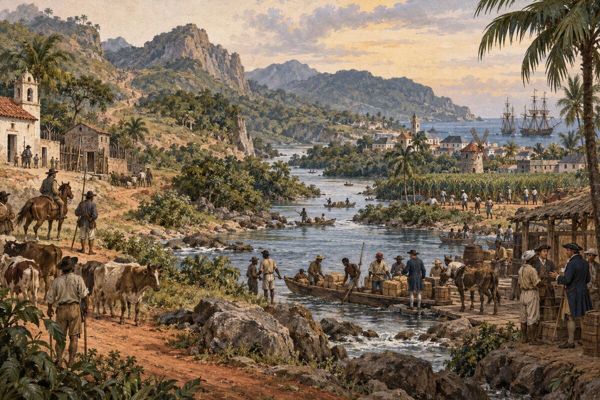 Interpretación editorial de una frontera colonial en La Española con un río, ganado, comercio y asentamientos rivales