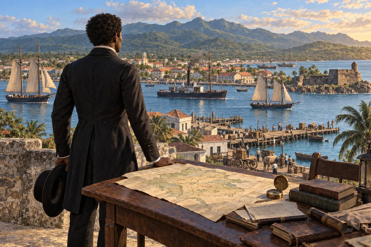 Ilustración editorial de Puerto Plata en la segunda mitad del siglo XIX, con una figura simbólica ante el puerto, la Fortaleza San Felipe y un vapor de época