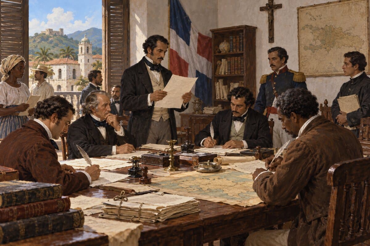 Interpretación editorial de una asamblea constituyente trabajando en San Cristóbal en noviembre de 1844