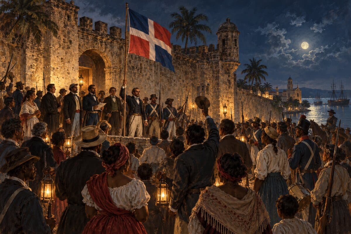 Interpretación editorial de una reunión cívica en la Puerta del Conde durante la proclamación de la República Dominicana en 1844