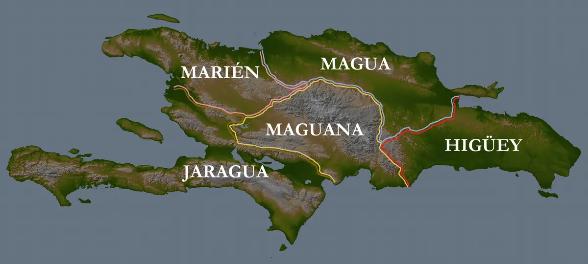 Mapa interpretativo de los cacicazgos de La Española, con Jaragua y Maguana en el suroeste de la isla