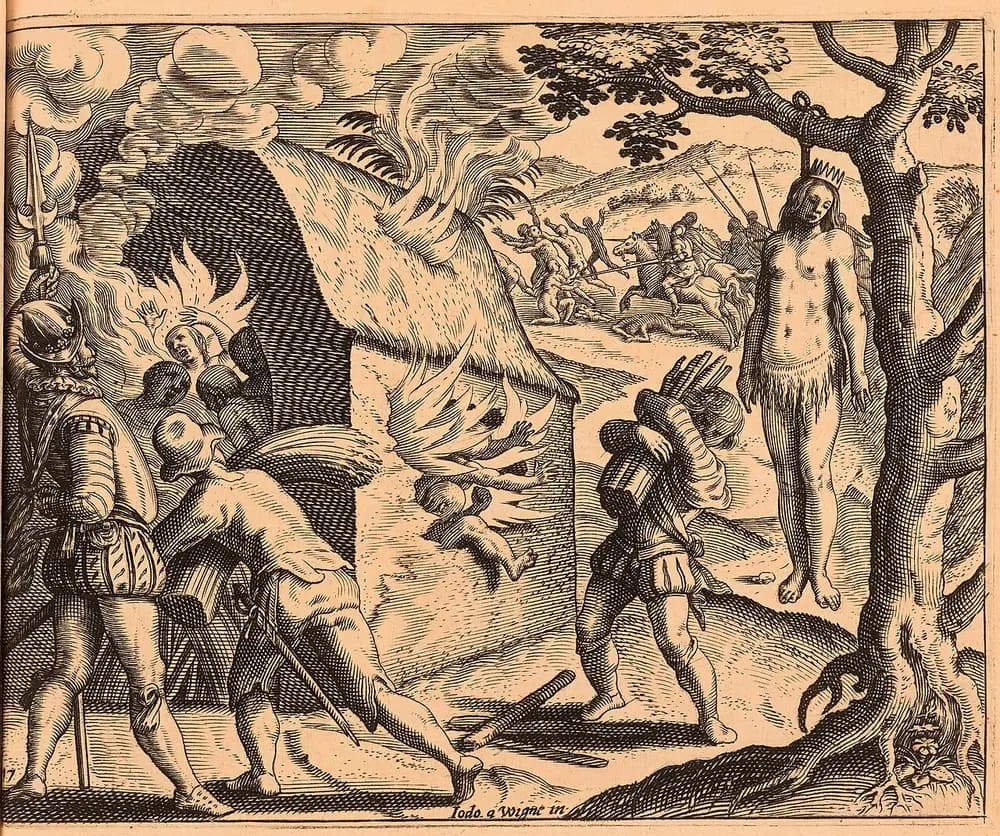 Grabado europeo de 1598 que representa la masacre de Anacaona y sus súbditos