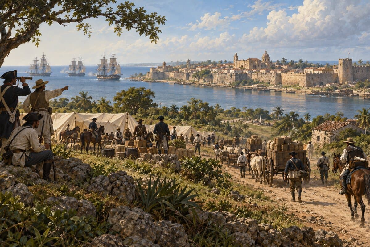 Interpretación editorial del campamento y el apoyo naval durante el sitio de Santo Domingo entre 1808 y 1809