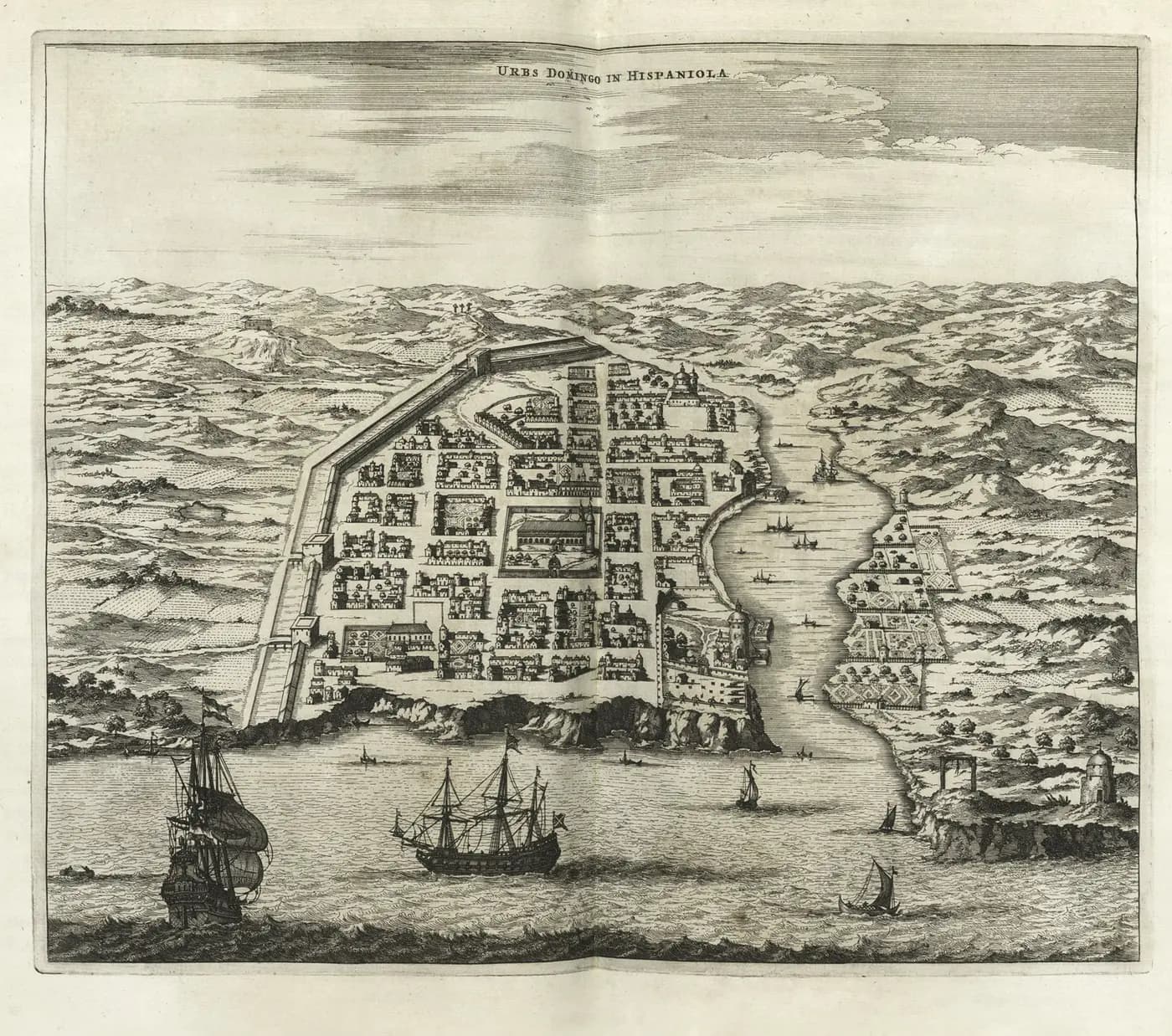 Grabado histórico de Santo Domingo y su puerto visto desde el mar