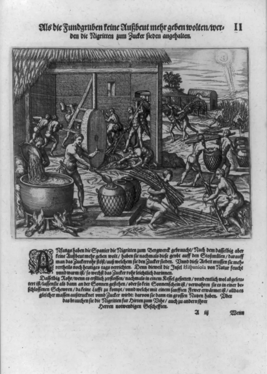 Grabado fechado en 1590 que representa a personas esclavizadas trabajando en un ingenio de La Española