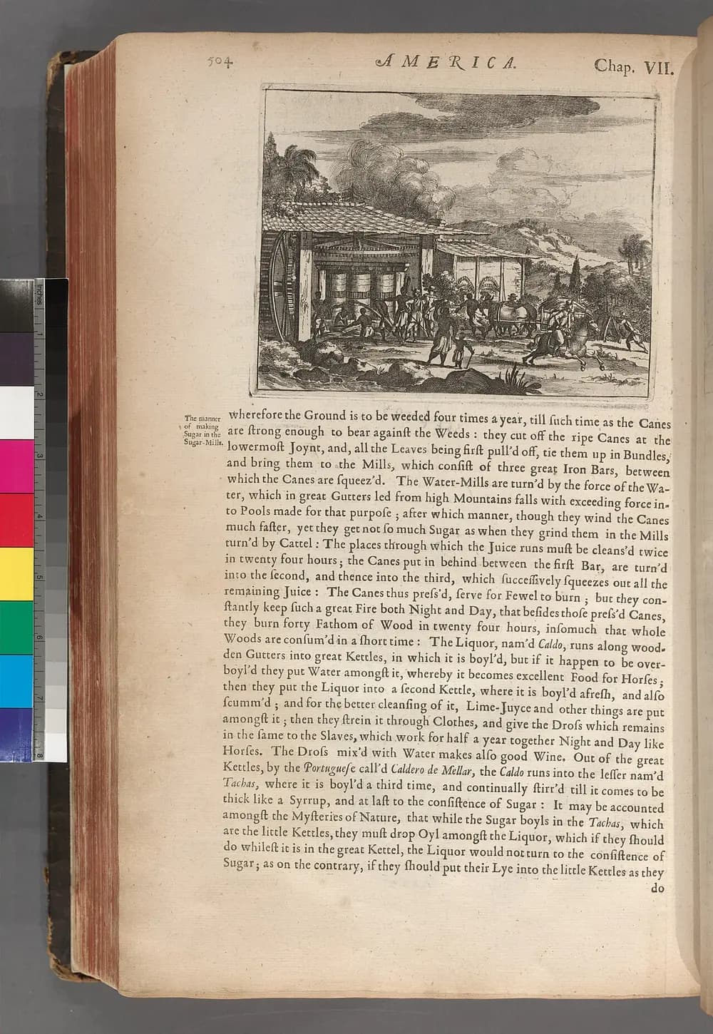 Grabado de 1671 que representa el proceso de elaboración del azúcar en un ingenio