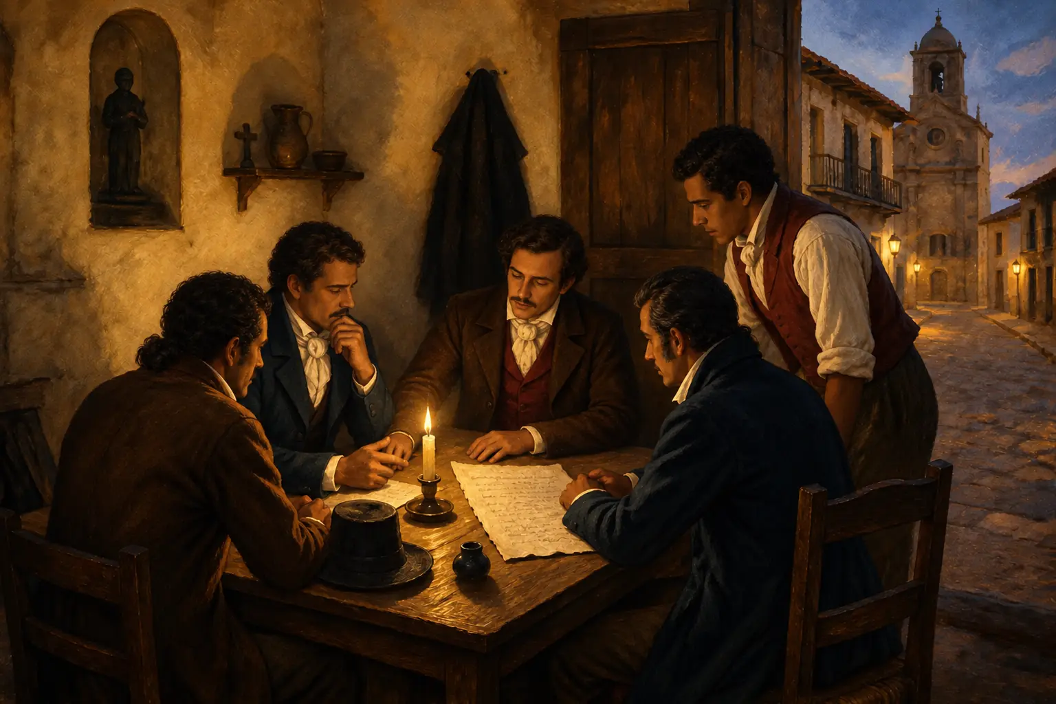 Ilustración editorial de una reunión clandestina de La Trinitaria en Santo Domingo en 1838
