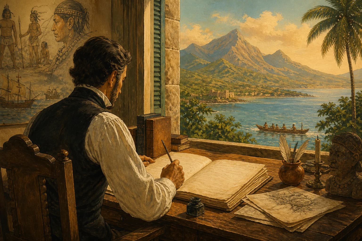 Ilustración editorial de un escritor del siglo XIX creando una novela sobre la memoria indígena y colonial de La Española