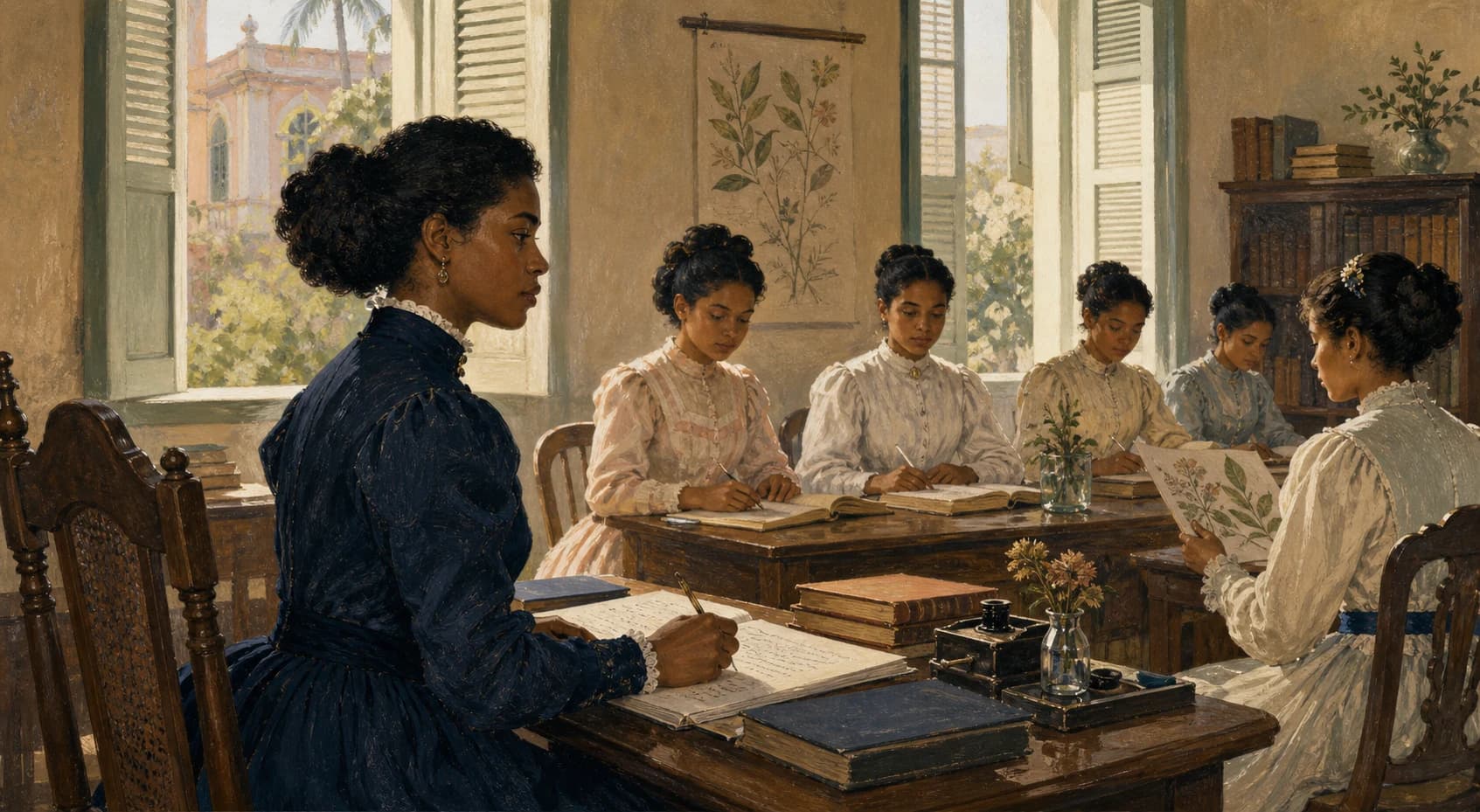 Ilustración editorial de Salomé Ureña enseñando poesía y escritura en el Instituto de Señoritas en 1881