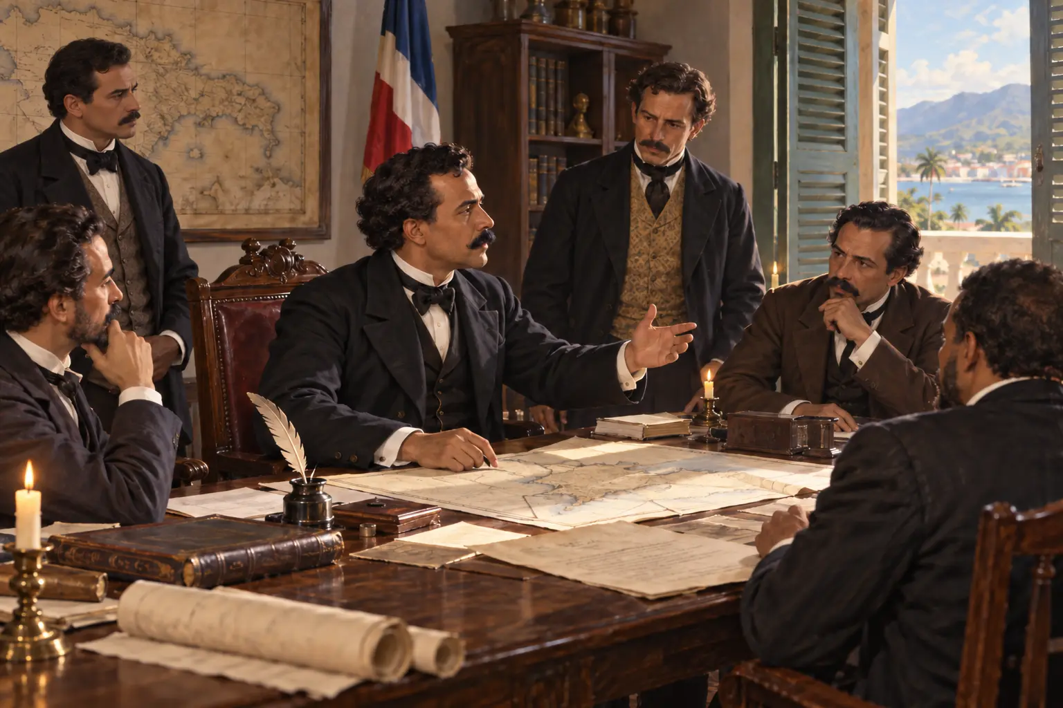 Interpretación editorial de una reunión política dominicana de 1879 con mapas y documentos sobre una mesa