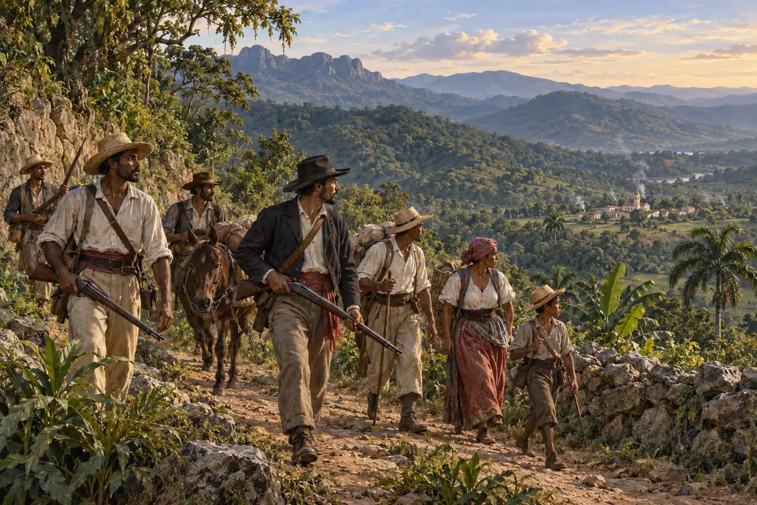 Interpretación editorial de un grupo restaurador avanzando por una ruta montañosa del Cibao durante la Guerra de la Restauración