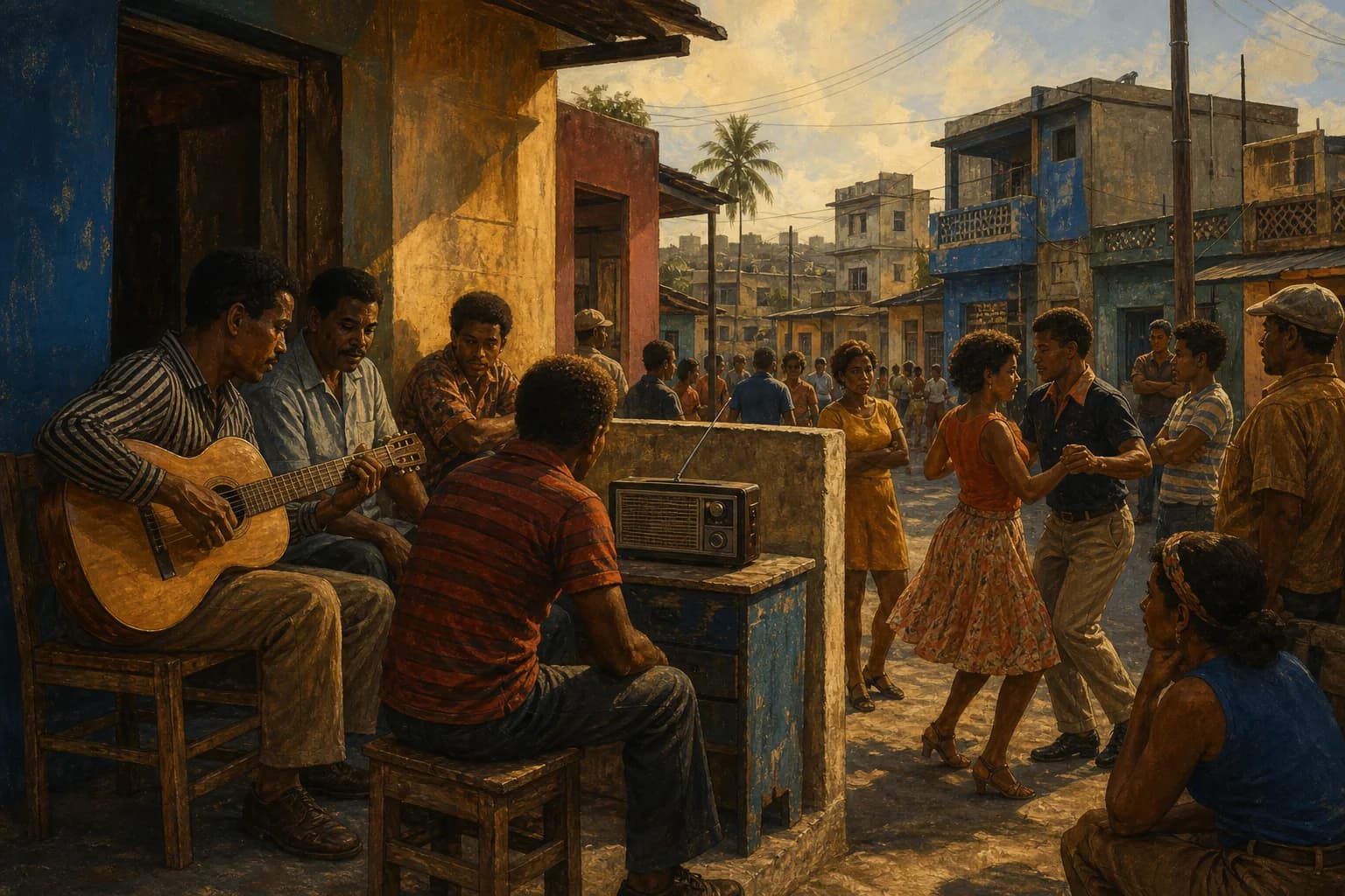 Ilustración editorial de una reunión barrial de los años sesenta con guitarra, bongó y baile de bachata