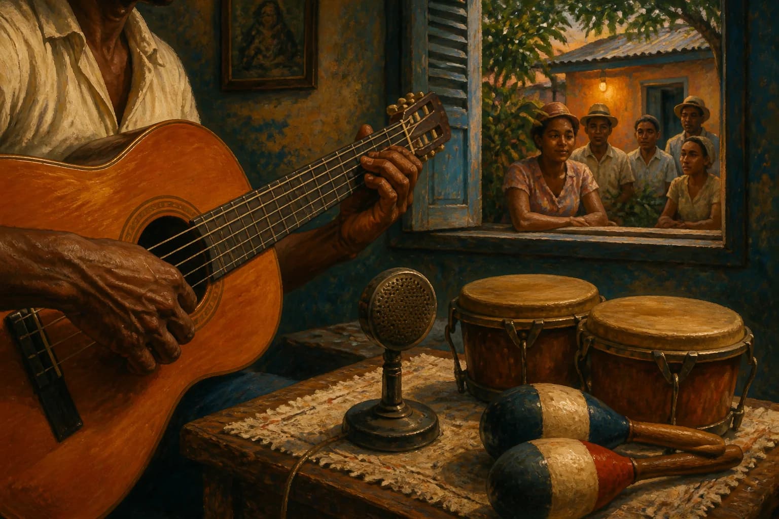 Ilustración editorial de una guitarra y percusiones en una reunión barrial donde nace la bachata moderna