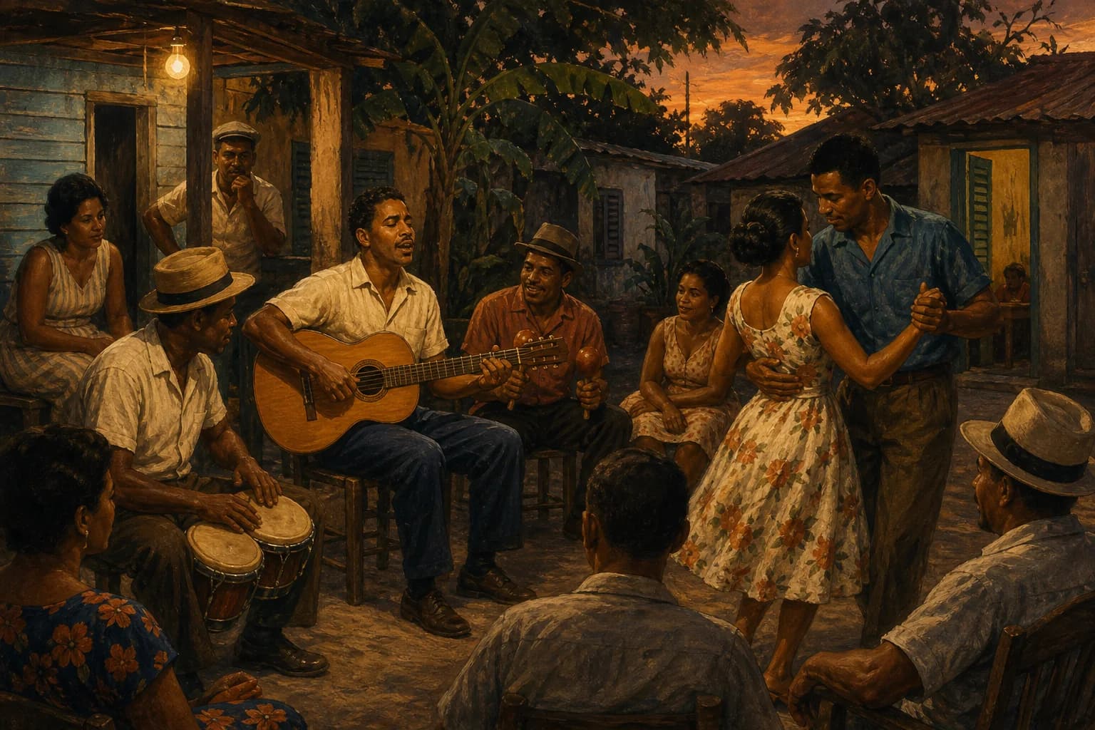 Ilustración editorial de una reunión urbana donde la bachata pasa de la escucha vecinal a un público más amplio