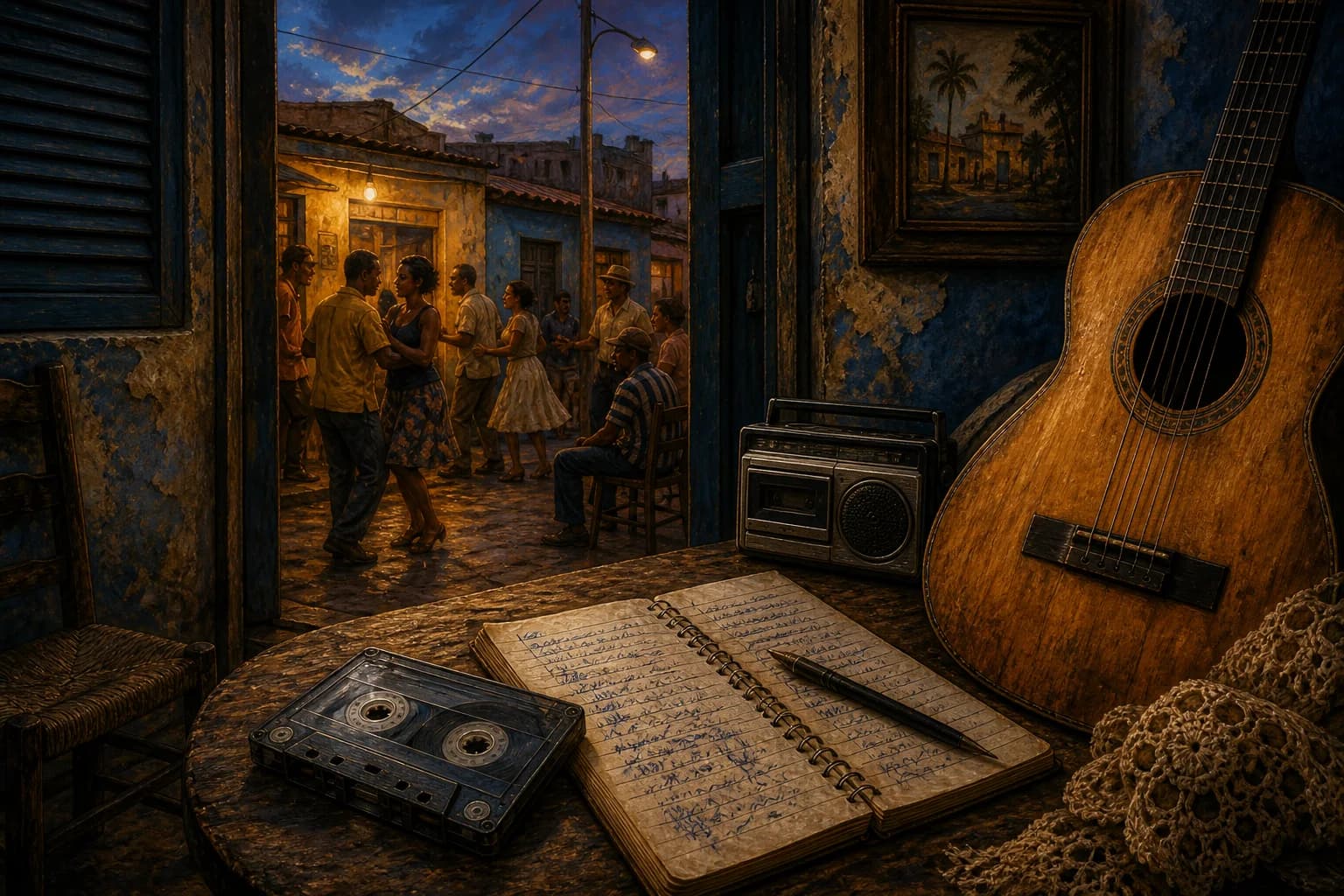 Ilustración editorial de un casete, una guitarra y una reunión vecinal durante la expansión social de la bachata