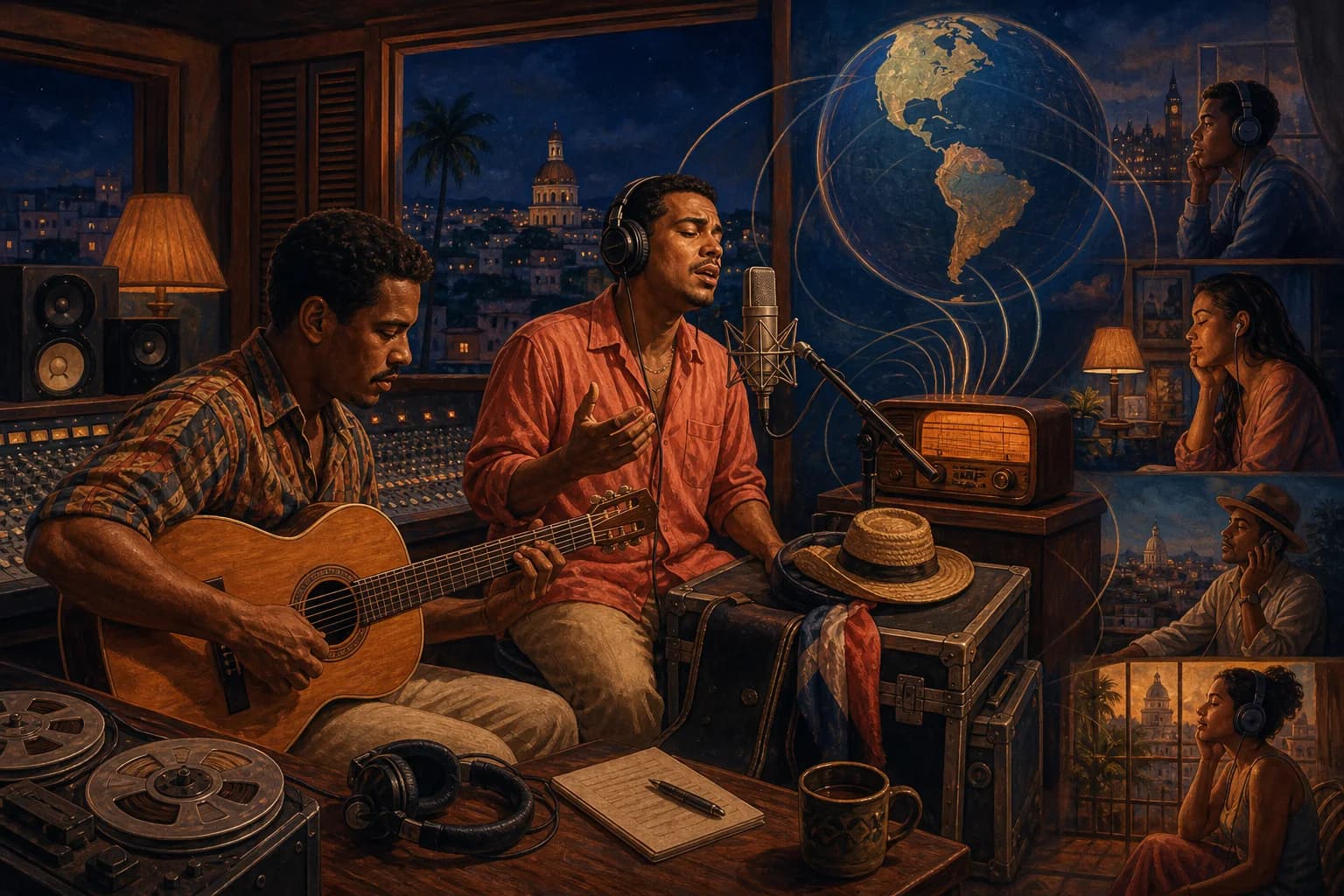 Ilustración editorial de un estudio de grabación que conecta la bachata dominicana con nuevos públicos internacionales