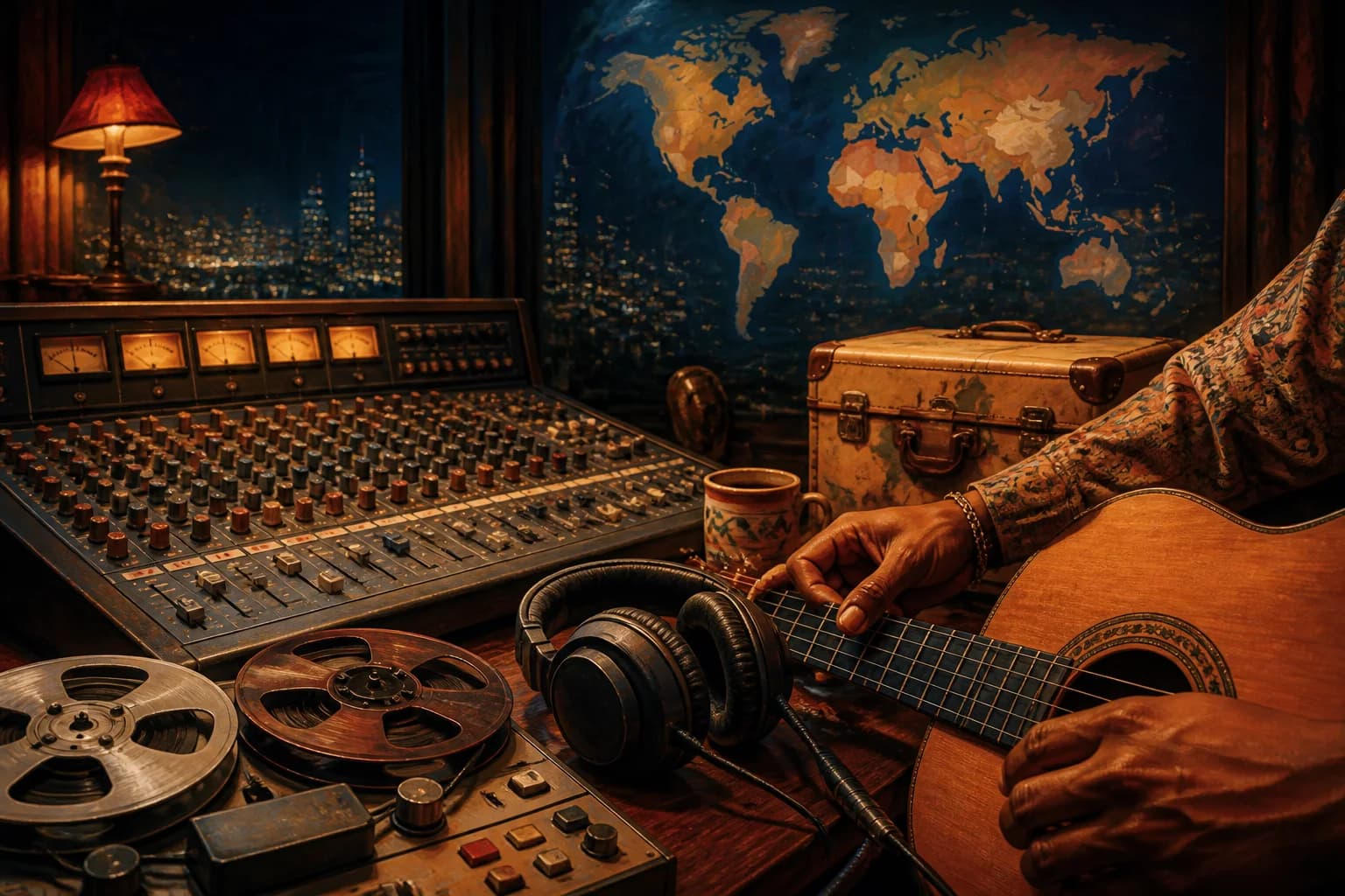 Ilustración editorial de una consola analógica, guitarra y carrete que acompañan la circulación internacional de la bachata