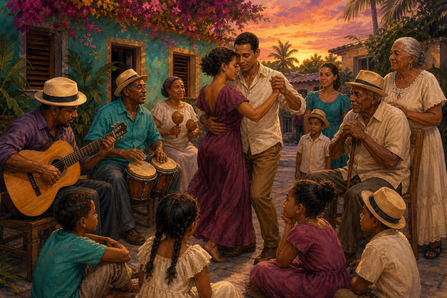 Ilustración editorial de una celebración comunitaria donde varias generaciones aprenden a bailar bachata