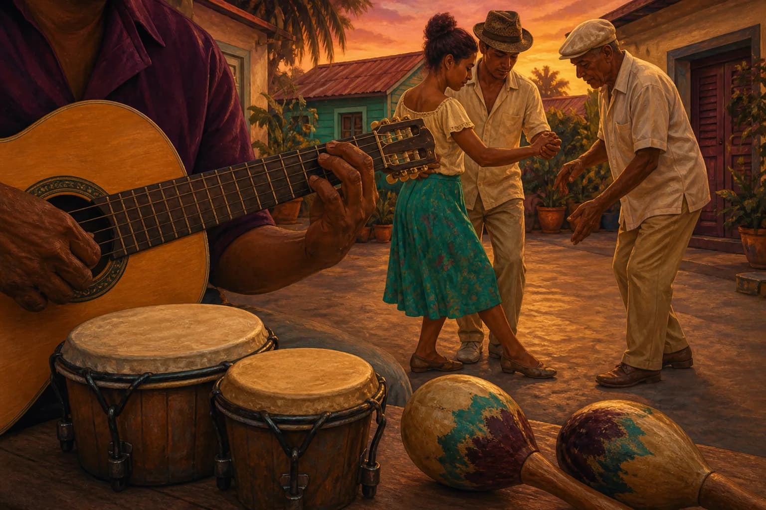 Ilustración editorial de guitarra, bongó y pasos de baile aprendidos entre generaciones