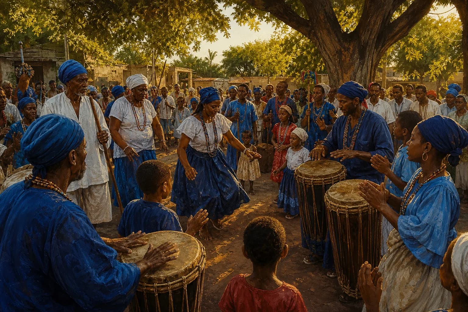 Ilustración editorial de una celebración comunitaria de los Congos de Villa Mella con tambores y varias generaciones