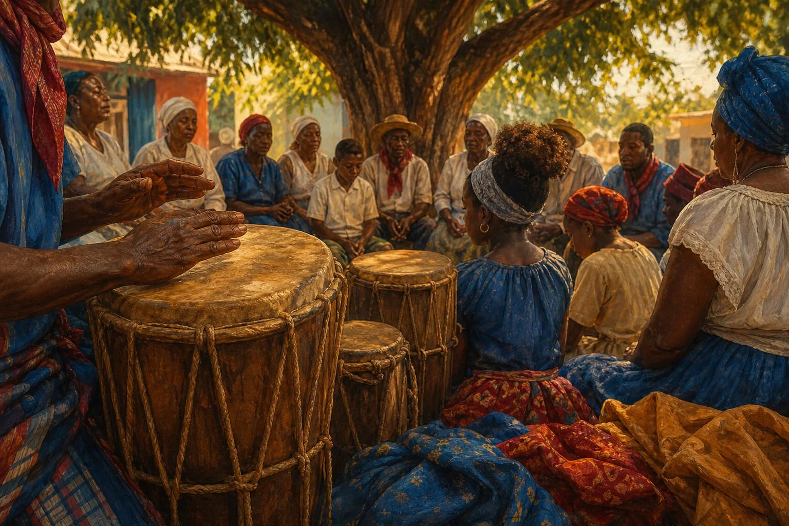 Ilustración editorial de tambores y manos que sostienen la transmisión comunitaria de los Congos de Villa Mella