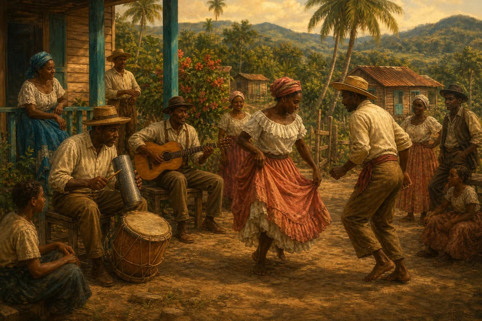 Ilustración editorial de una reunión rural donde la güira, la tambora y la guitarra acompañan los primeros merengues