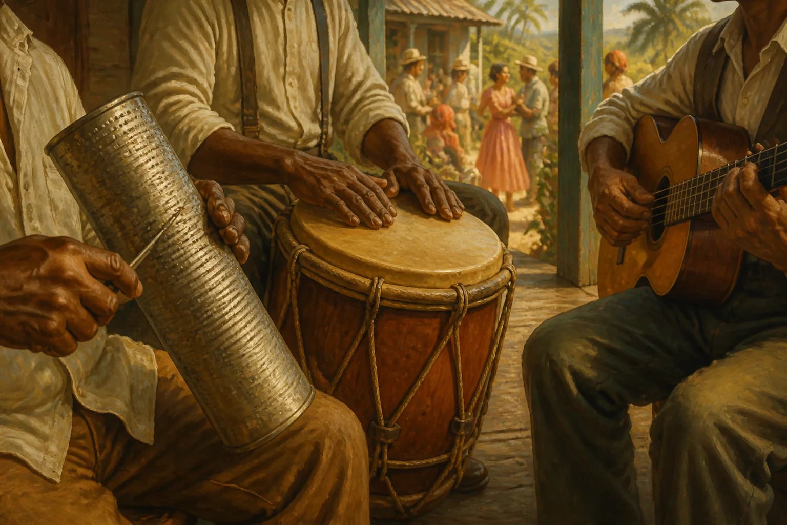 Ilustración editorial de manos tocando güira, tambora y guitarra en una reunión rural del siglo XIX