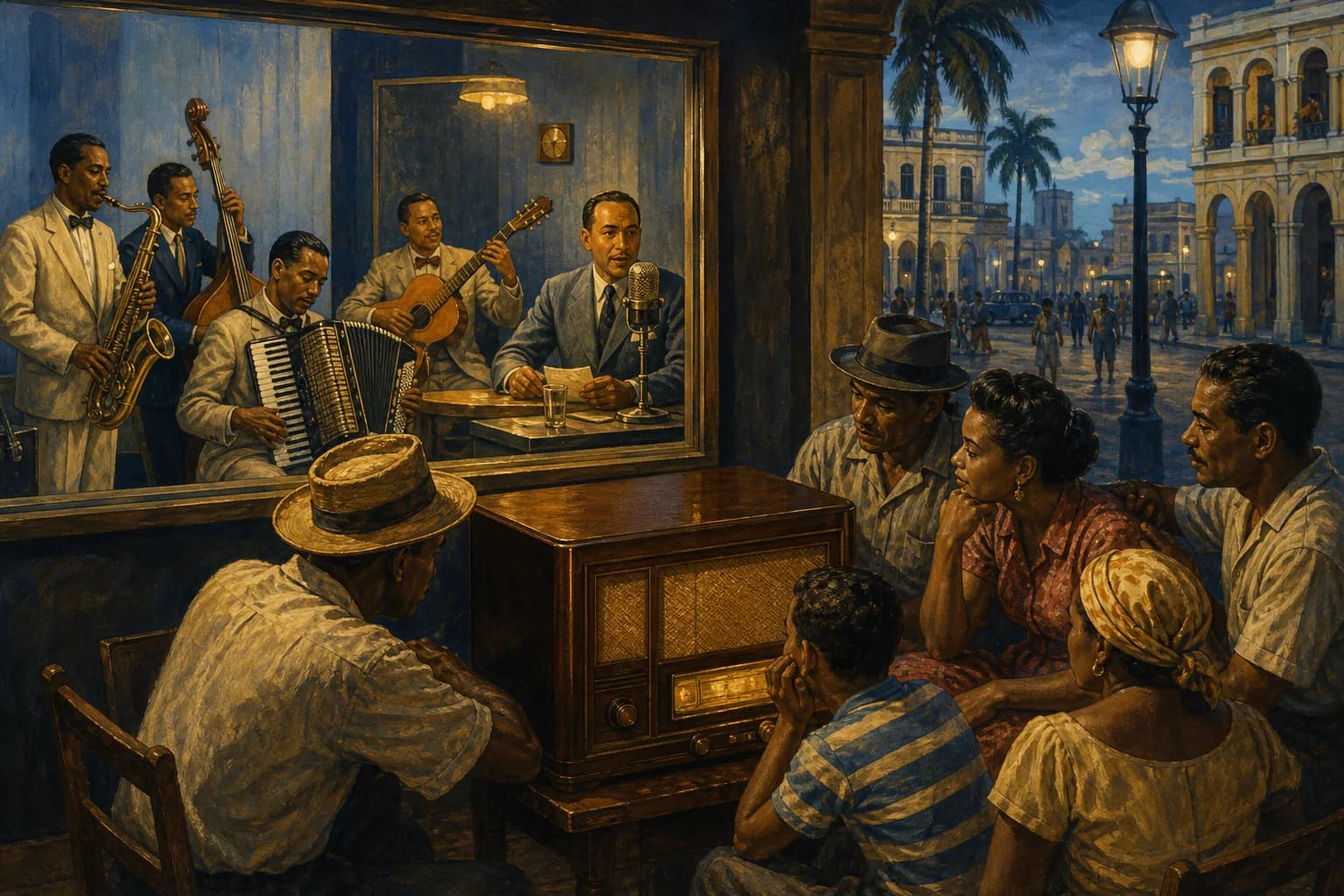 Ilustración editorial de músicos dominicanos en un estudio de grabación de comienzos del siglo XX