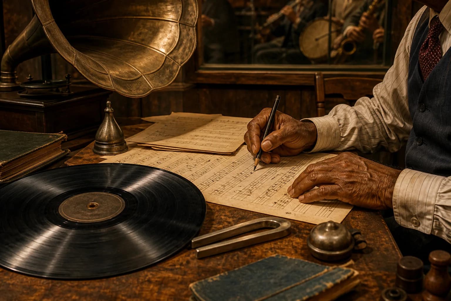 Ilustración editorial de un disco, partituras y una bocina de grabación en un estudio de merengue antiguo