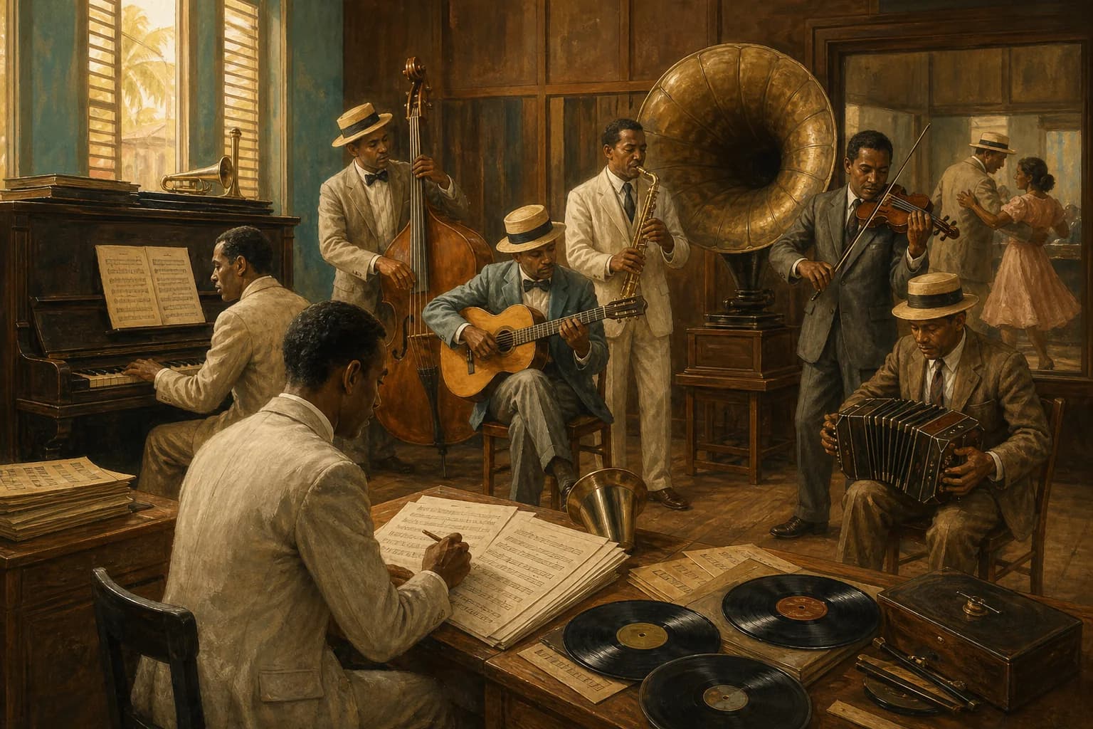 Ilustración editorial de una orquesta de merengue transmitiendo por radio ante oyentes dominicanos