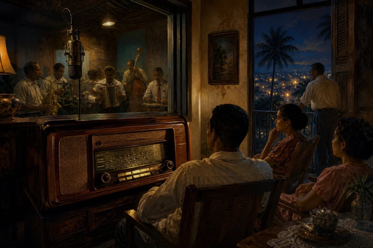 Ilustración editorial de una radio de madera y una orquesta de merengue escuchada desde un hogar dominicano