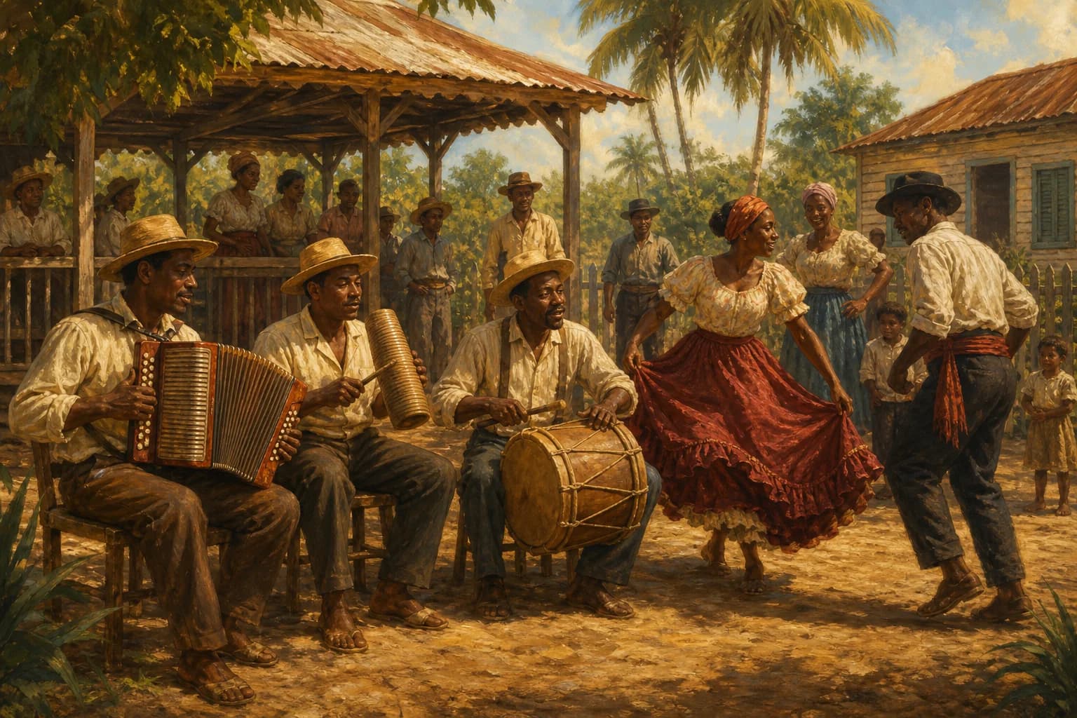 Ilustración editorial de un conjunto típico con acordeón, güira, tambora y baile comunitario