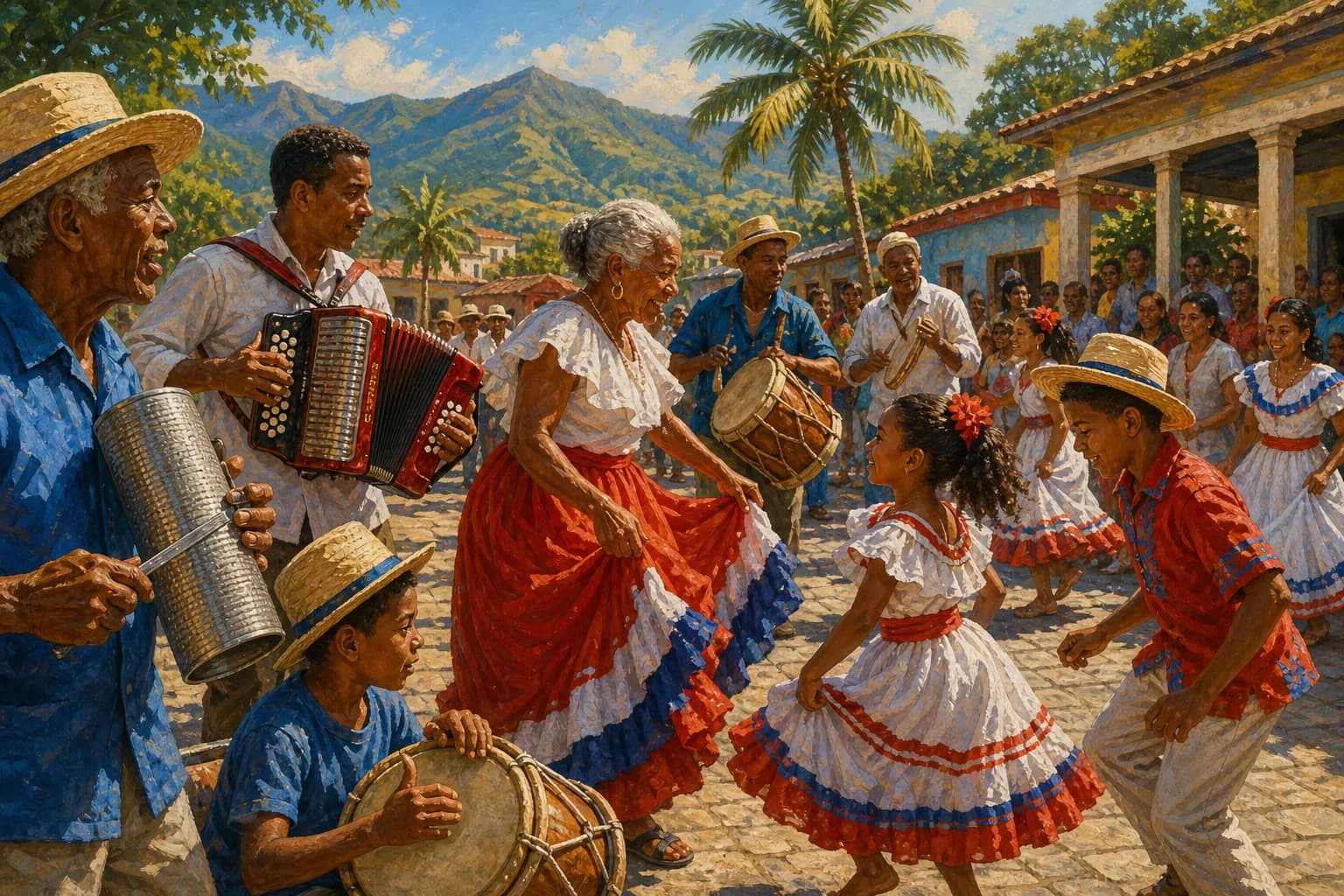 Ilustración editorial de un festival comunitario donde varias generaciones bailan y tocan merengue
