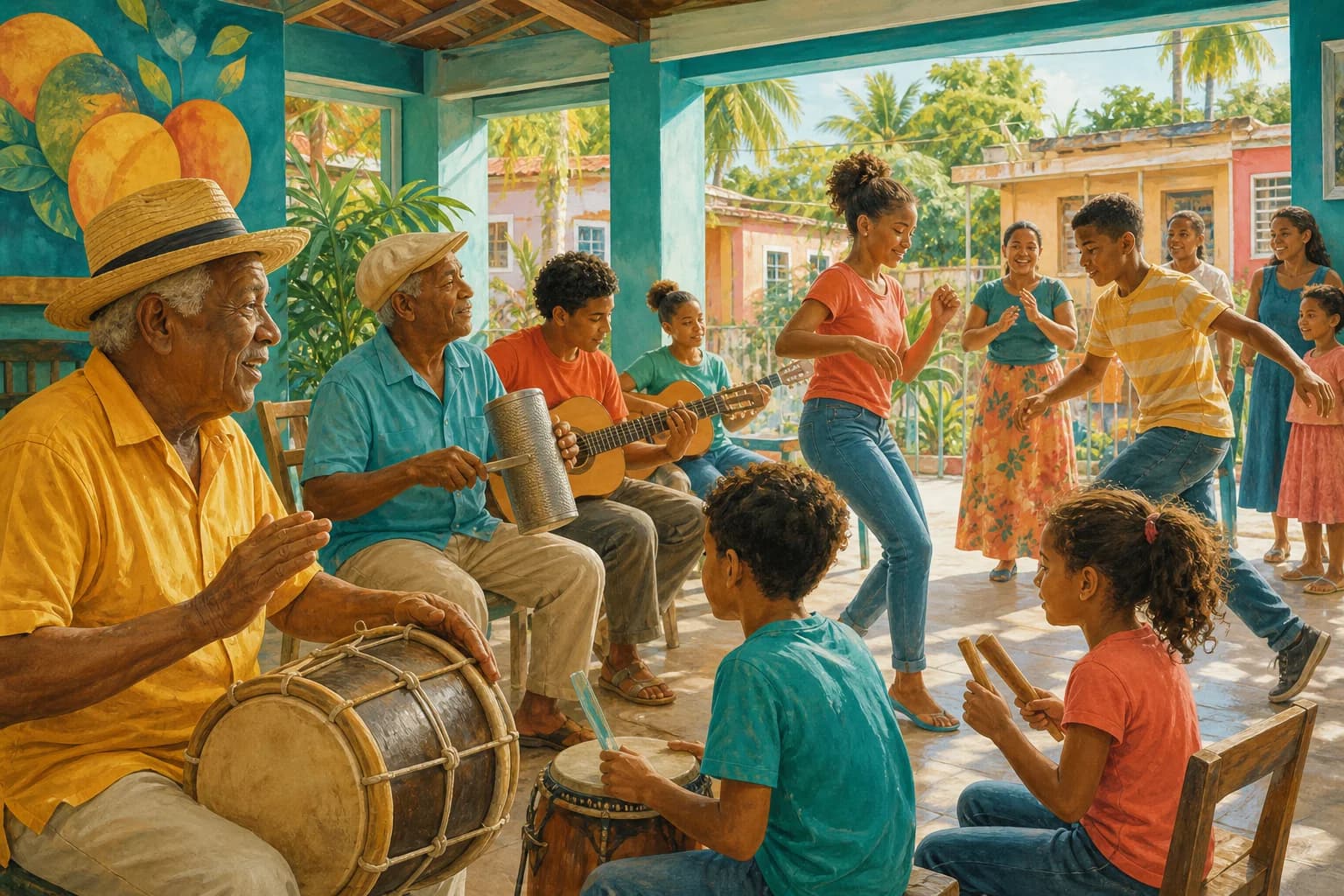 Ilustración editorial de un taller contemporáneo donde jóvenes y mayores transmiten ritmos dominicanos