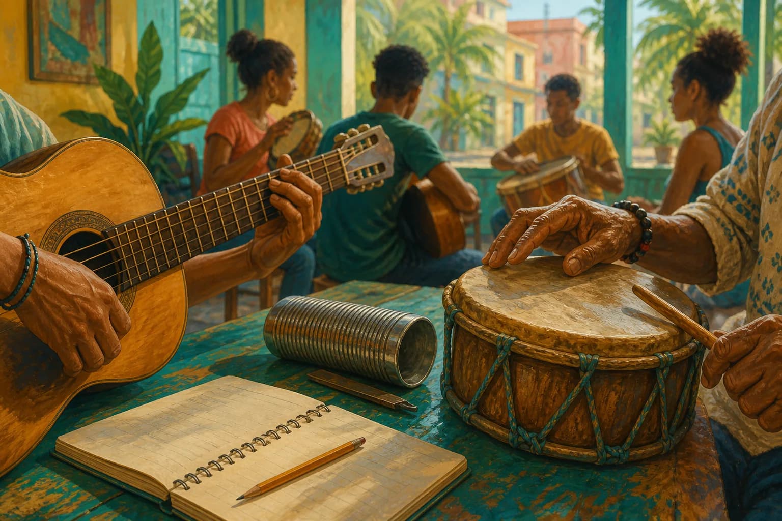 Ilustración editorial de manos jóvenes y mayores aprendiendo guitarra y tambora en un taller actual