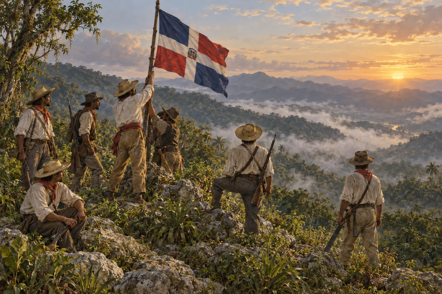 Interpretación editorial de restauradores dominicanos izando la bandera en las montañas de Capotillo en 1863