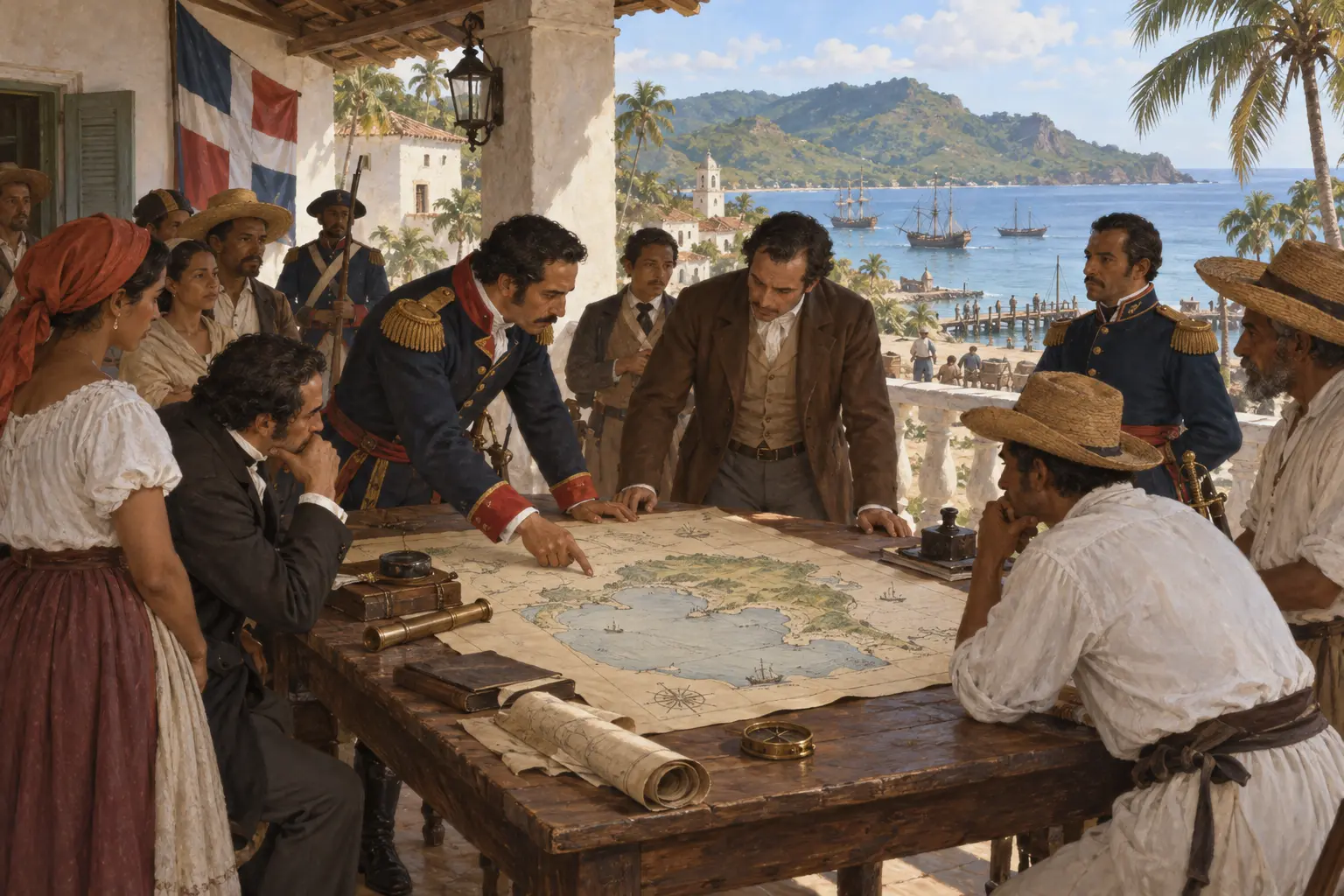 Interpretación editorial de una reunión dominicana que estudia un mapa de Samaná durante el debate anexionista