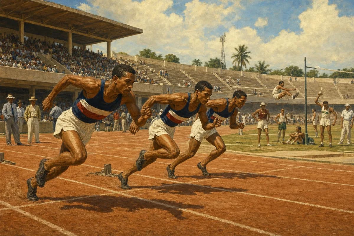 Ilustración editorial de corredores dominicanos en una pista de atletismo durante una competencia regional de 1946