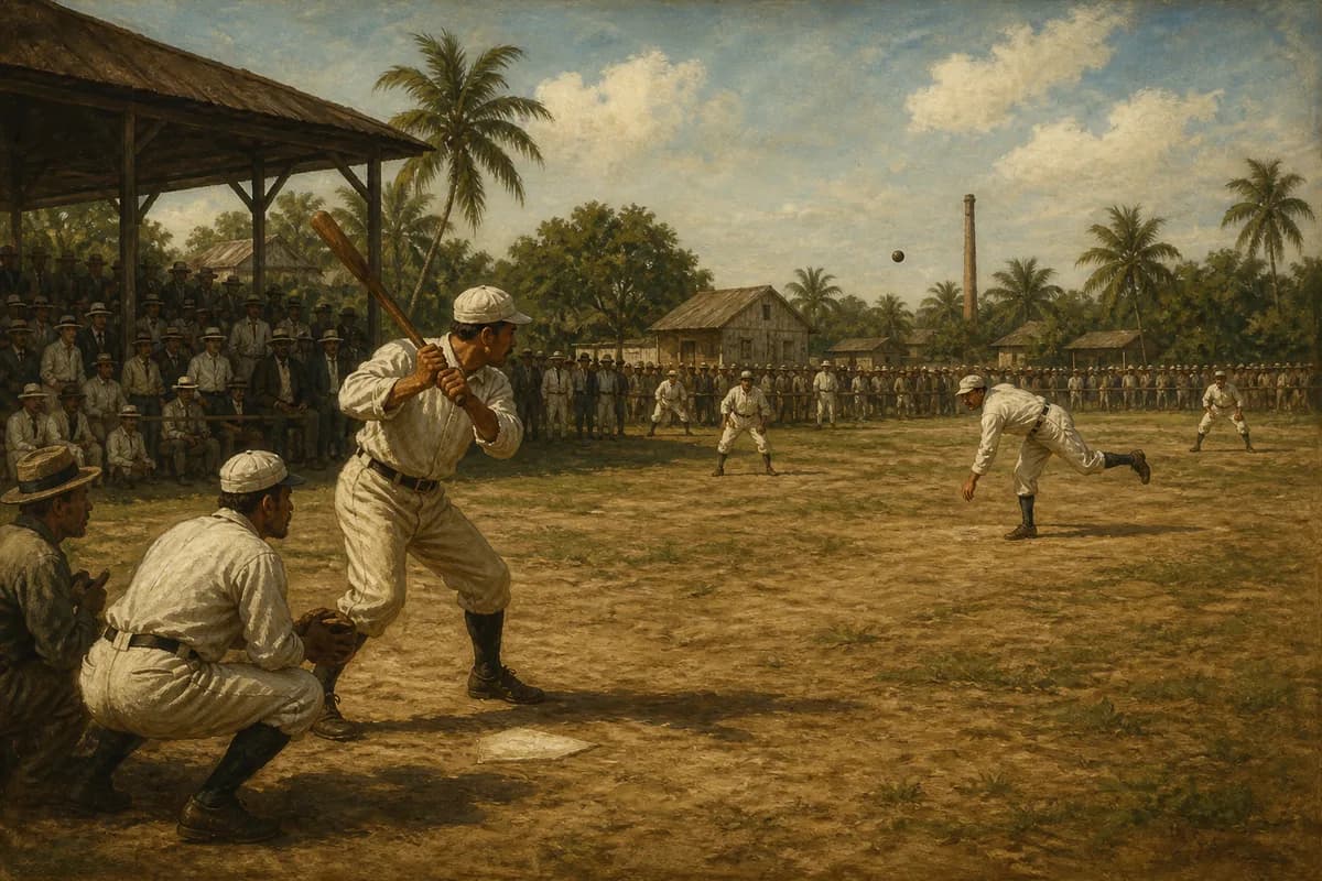 Ilustración editorial de un juego de béisbol del siglo XIX en un campo tropical de San Pedro de Macorís