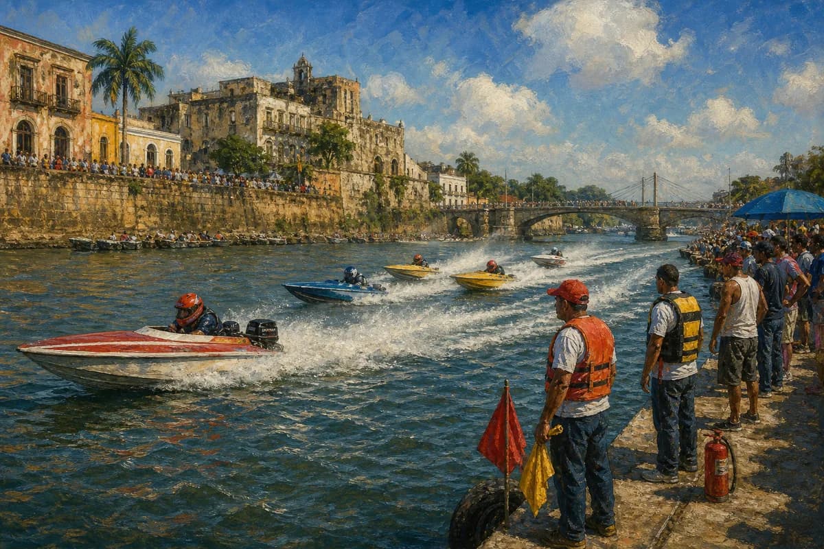 Ilustración editorial de una carrera de botes de velocidad en el río Ozama frente a Santo Domingo en 2006