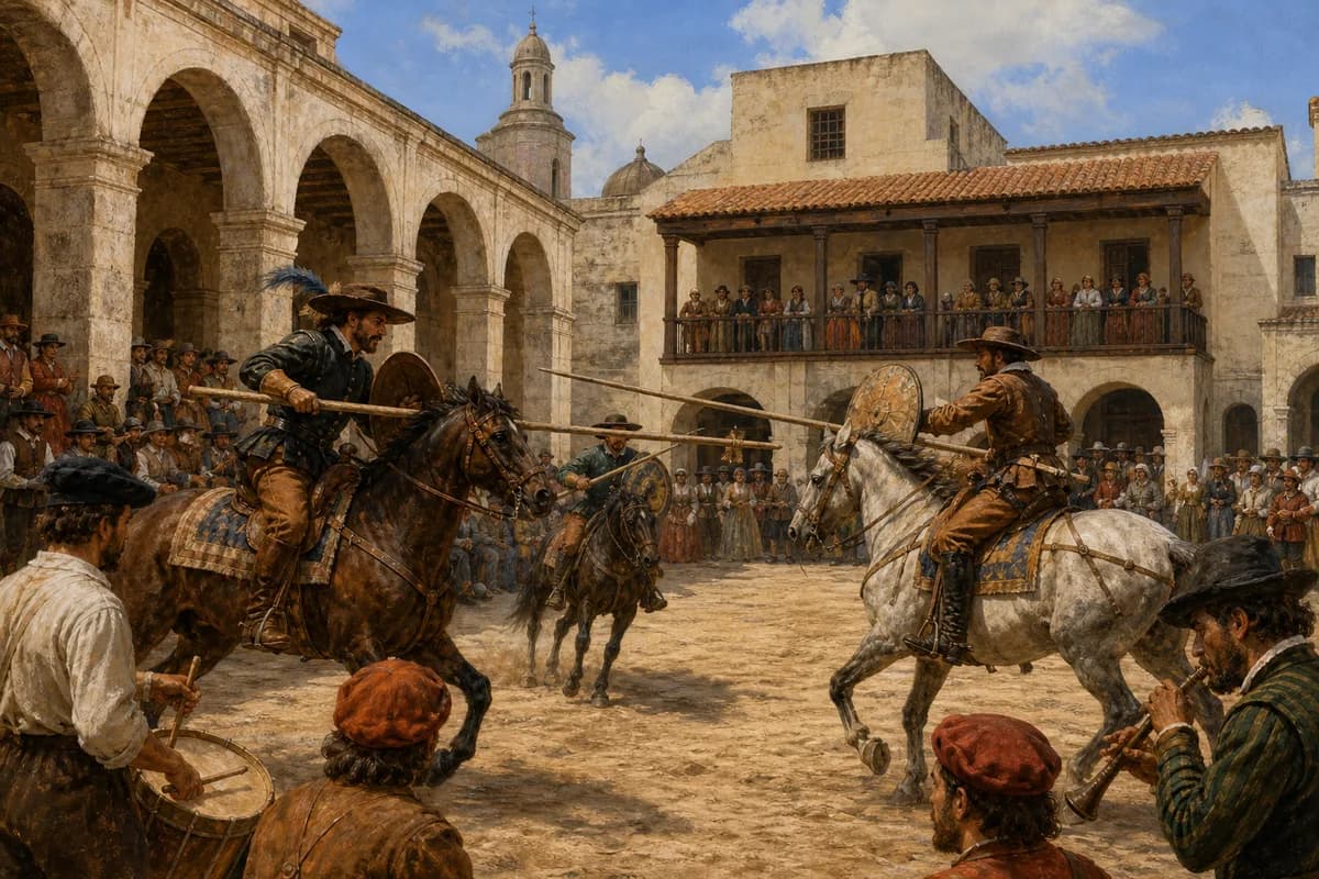 Ilustración editorial de un juego de cañas ecuestre en una plaza colonial de Santo Domingo